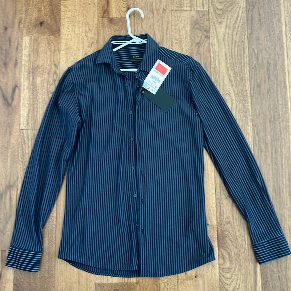 NWT Zara slim fit navy white pinstriped button down shirt size small